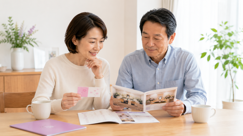 鮫川村で家族の葬儀にも利用できるさくらの会の会員特典を確認する様子