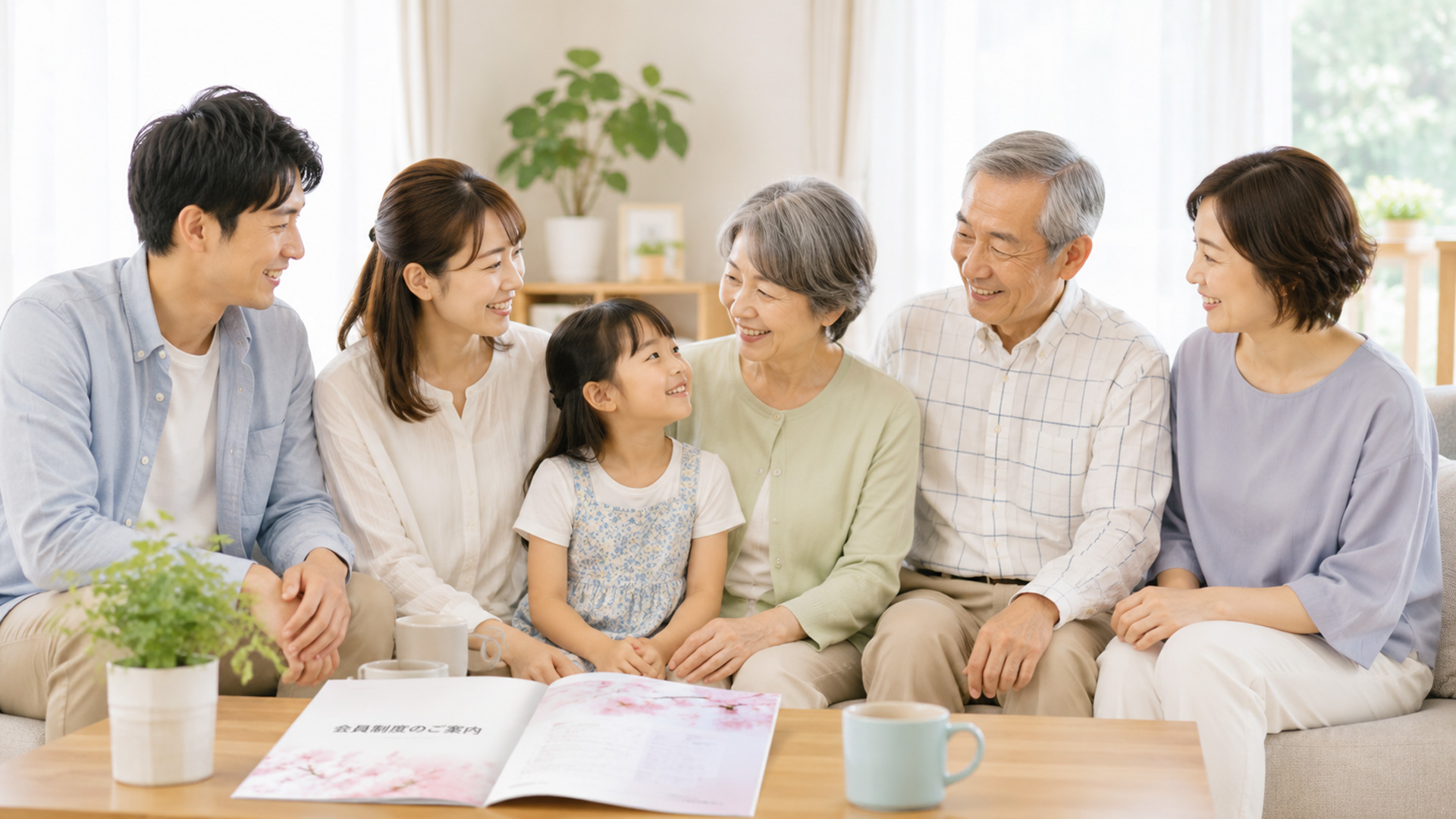 家族の葬儀にも備えられる会員制度を家族で確認する様子
