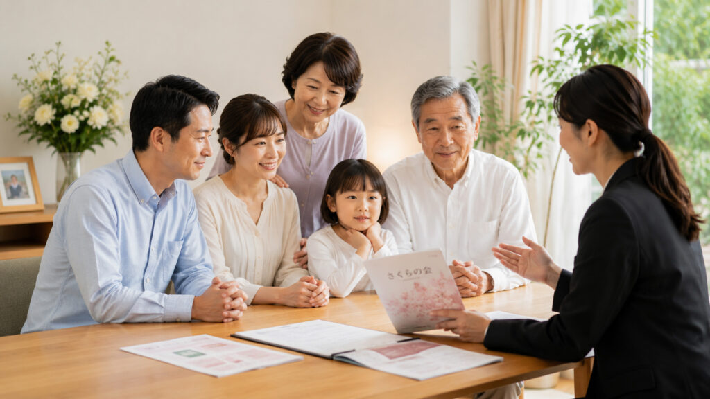塙町で家族の葬儀にも利用できるさくらの会の会員特典を相談する様子