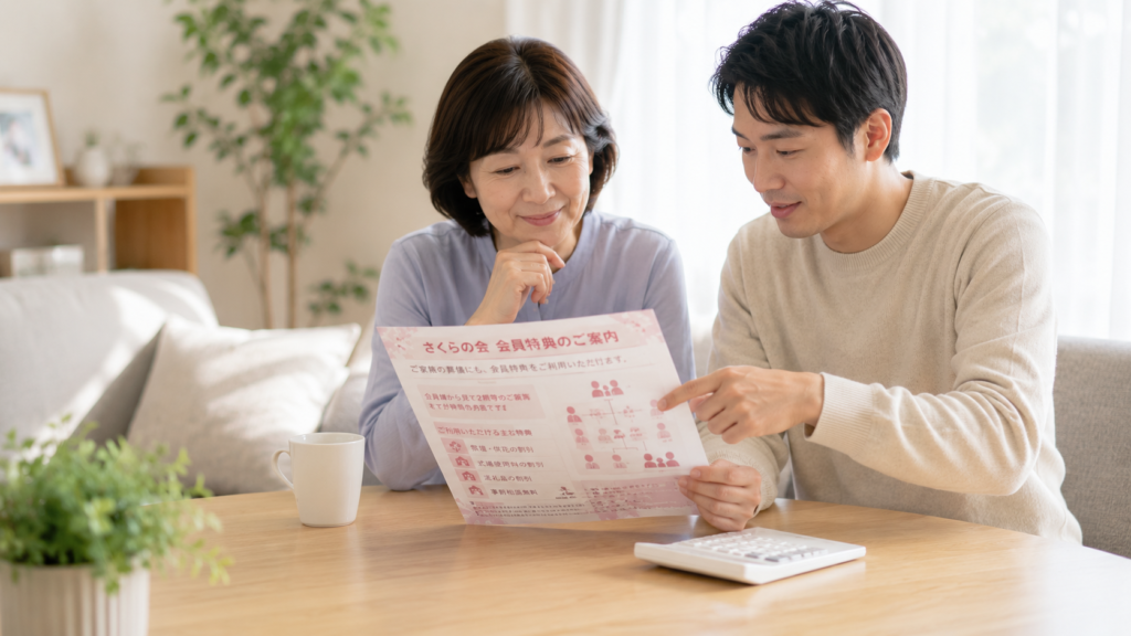 家族の葬儀にも利用できるさくらの会の会員特典を確認する様子