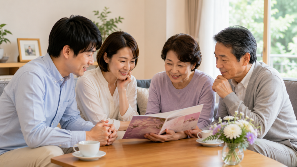 鮫川村にいる家族の葬儀に備えてさくらの会を確認する家族