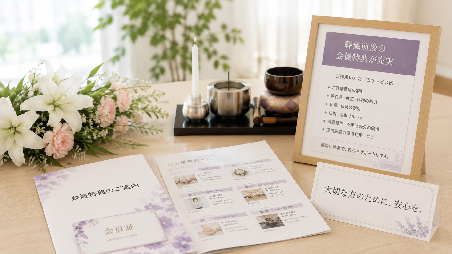 お供物や法要返礼品など葬儀に関する会員特典を確認する様子
