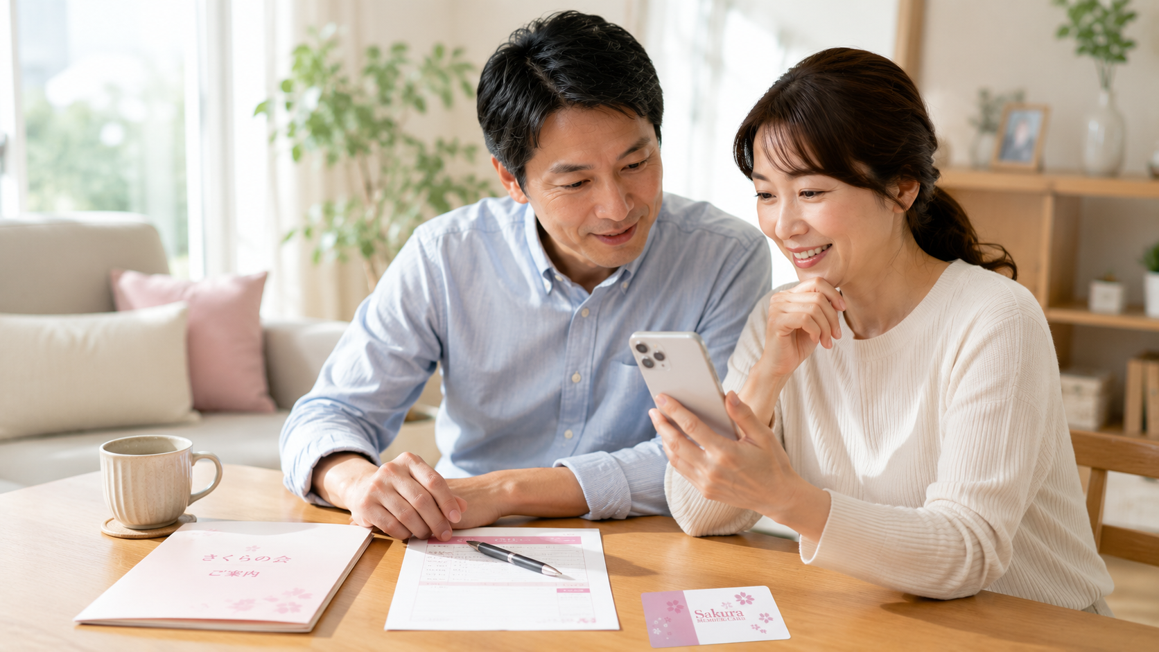 矢祭町にいる家族の葬儀にも備えられるさくらの会を家族で確認する様子
